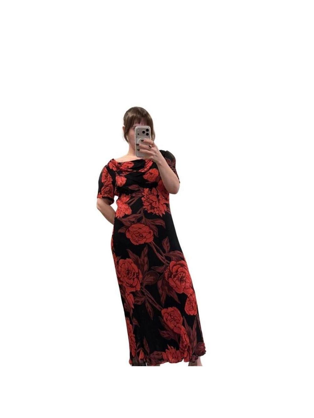 Vintage and Black Red Floral Beaded Maxi Dress
